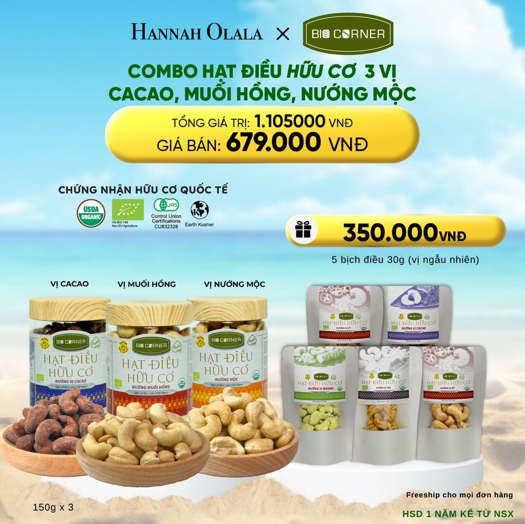  DEAL 4: COMBO HẠT ĐIỀU HỮU CƠ 3 VỊ CACAO, MUỐI HỒNG, NƯỚNG MỘC 