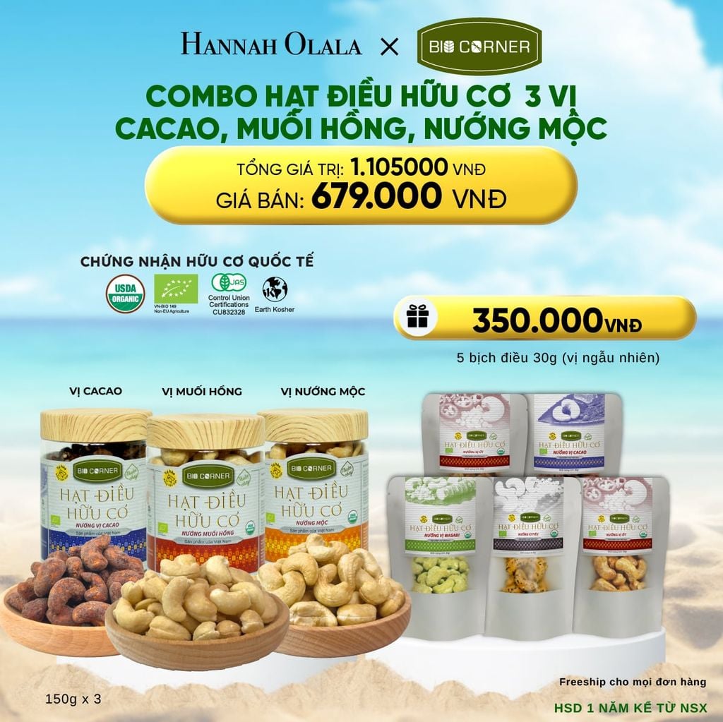 COMBO HẠT ĐIỀU HỮU CƠ 3 VỊ CACAO, MUỐI HỒNG, NƯỚNG MỘC 