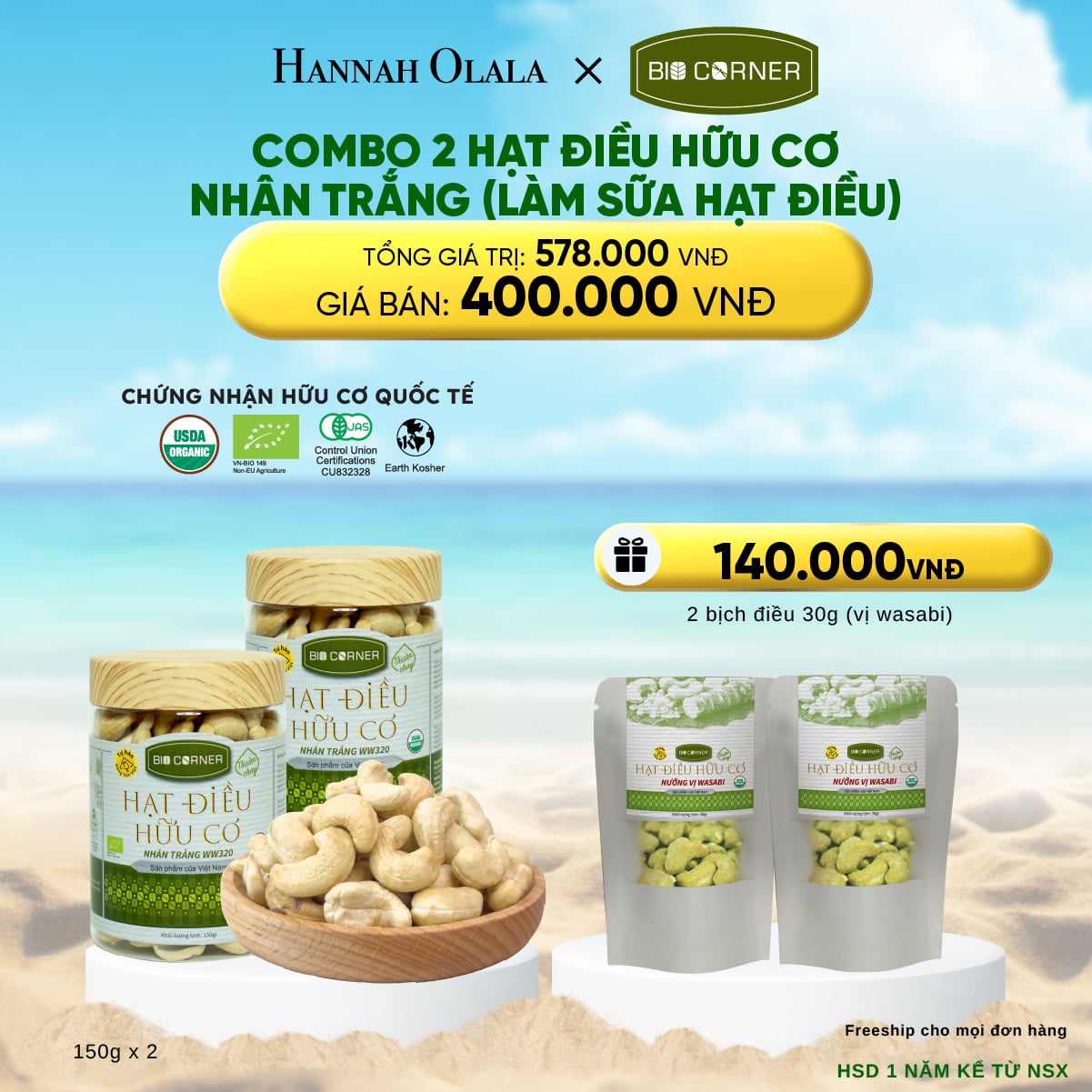 A1584_deal 8: combo 2 hạt điều hữu cơ nhân trắng (làm sữa hạt điều) (150g)