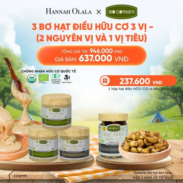 COMBO 3 HỘP BƠ HẠT ĐIỀU HỮU CƠ 3 VỊ (2 NGUYÊN VỊ VÀ 1 TIÊU) 220G - DEAL 8_E117 