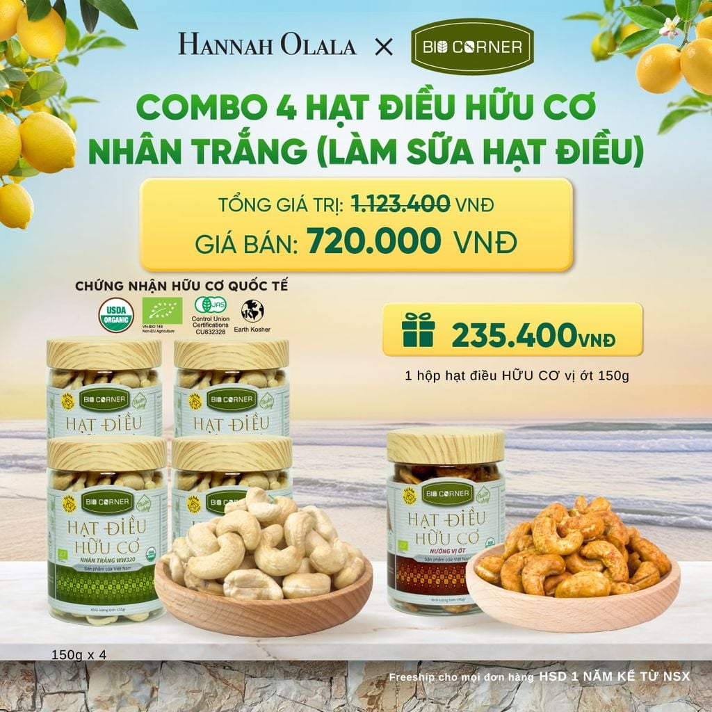  COMBO 4 HỘP HẠT ĐIỀU NHÂN TRẮNG (LÀM SỮA HẠT ĐIỀU) 150G - DEAL 3 - A2281 