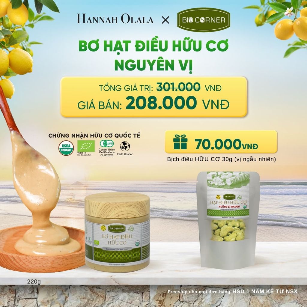  BƠ HẠT ĐIỀU HỮU CƠ NGUYÊN VỊ (220G) TẶNG 1 BỊCH ĐIỀU 30G (VỊ NGẪU NHIÊN) - A2283 