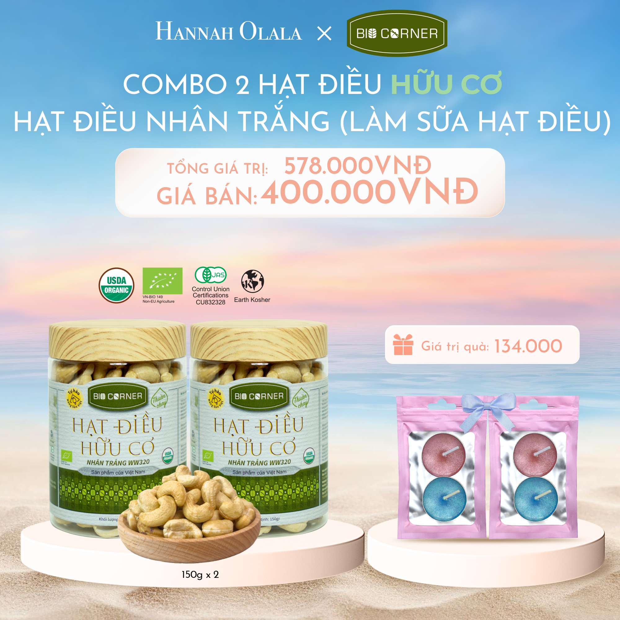  C1047_DEAL 8: COMBO 2 HẠT ĐIỀU HỮU CƠ NHÂN TRẮNG (LÀM SỮA HẠT ĐIỀU) (150G) 