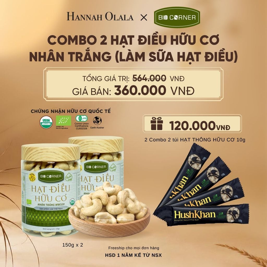  COMBO 2 HẠT ĐIỀU NHÂN TRẮNG (LÀM SỮA HẠT ĐIỀU) TẶNG 2 COMBO 2 TÚI HẠT THÔNG HỮU CƠ 10G - E126 