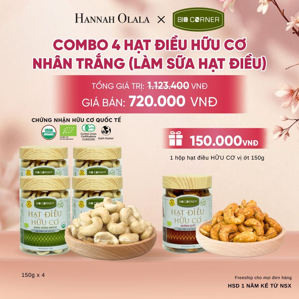  COMBO 4 HỘP HẠT ĐIỀU NHÂN TRẮNG (LÀM SỮA HẠT ĐIỀU) 150G - A687 