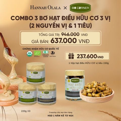  COMBO 3 BƠ HẠT ĐIỀU HỮU CƠ TẶNG 1 HỘP HẠT ĐIỀU VỊ TIÊU 150G - E132 