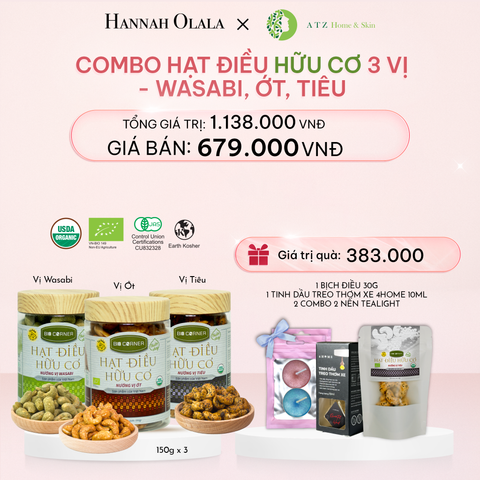 E1013_DEAL 2: COMBO HẠT ĐIỀU HỮU CƠ 3 VỊ - WASABI, ỚT, TIÊU 