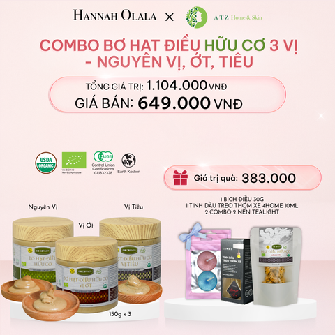  E1014_DEAL 3: COMBO BƠ HẠT ĐIỀU HỮU CƠ 3 VỊ - NGUYÊN VỊ, ỚT, TIÊU 