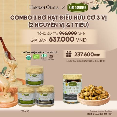  COMBO 3 BƠ HẠT ĐIỀU HỮU CƠ TẶNG 1 HỘP HẠT ĐIỀU VỊ TIÊU 150G - A2425 