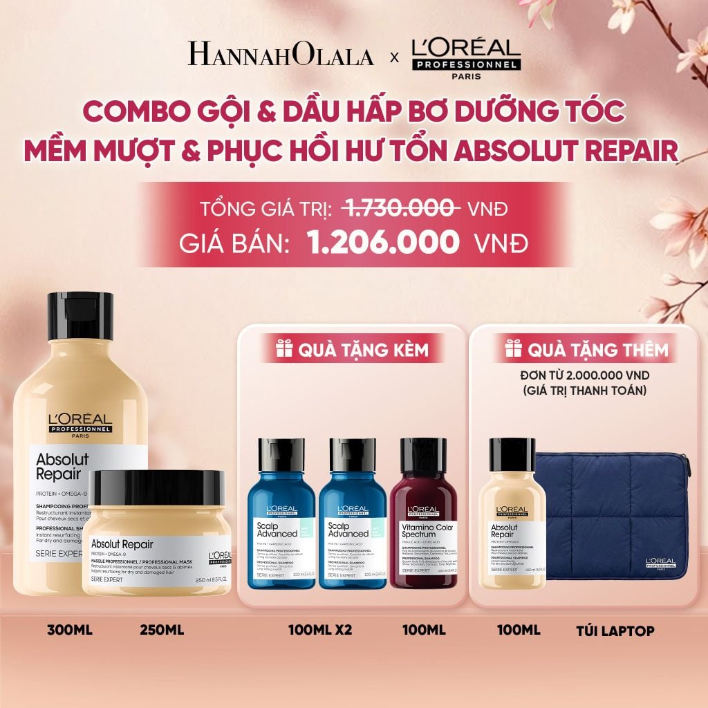  COMBO GỘI 300ML & DẦU HẤP BƠ 250ML DƯỠNG TÓC MỀM MƯỢT & PHỤC HỒI HƯ TỔN ABSOLUT REPAIR - A588 