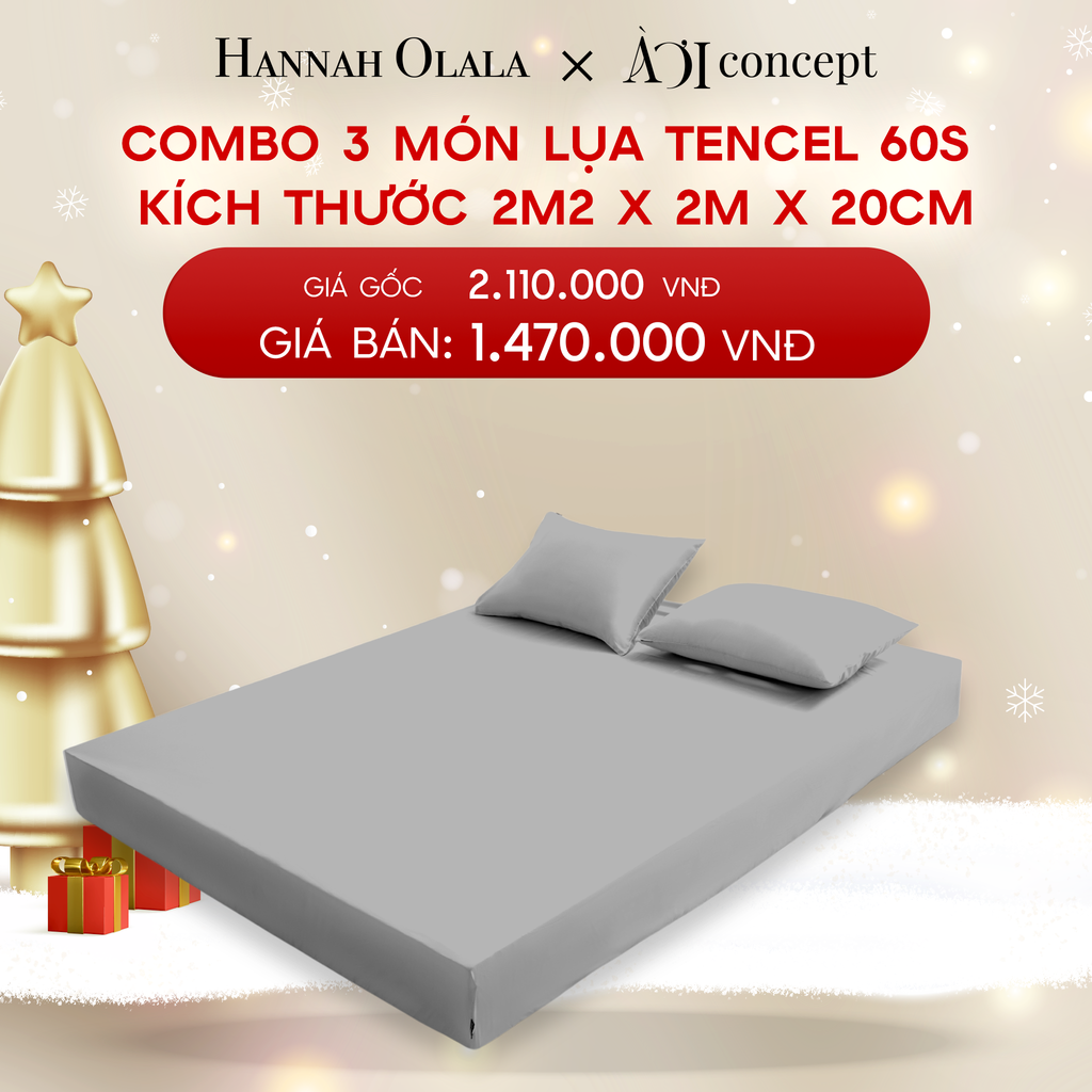  DEAL 5: COMBO 3 MÓN LỤA TENCEL 60S: GA GIƯỜNG & 2 VỎ GỐI NẰM KÍCH THƯỚC 2M2 X 2M X 20CM 
