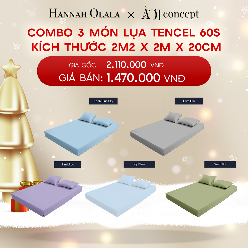  DEAL 5: COMBO 3 MÓN LỤA TENCEL 60S: GA GIƯỜNG & 2 VỎ GỐI NẰM KÍCH THƯỚC 2M2 X 2M X 20CM 