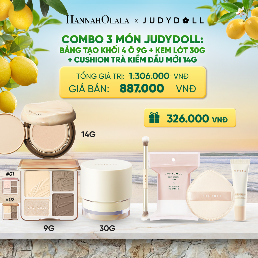 COMBO 3 MÓN JUDYDOLL: BẢNG TẠO KHỐI 9G + KEM LÓT 30G + CUSHION TRÀ KIỀM DẦU MỚI 14G 