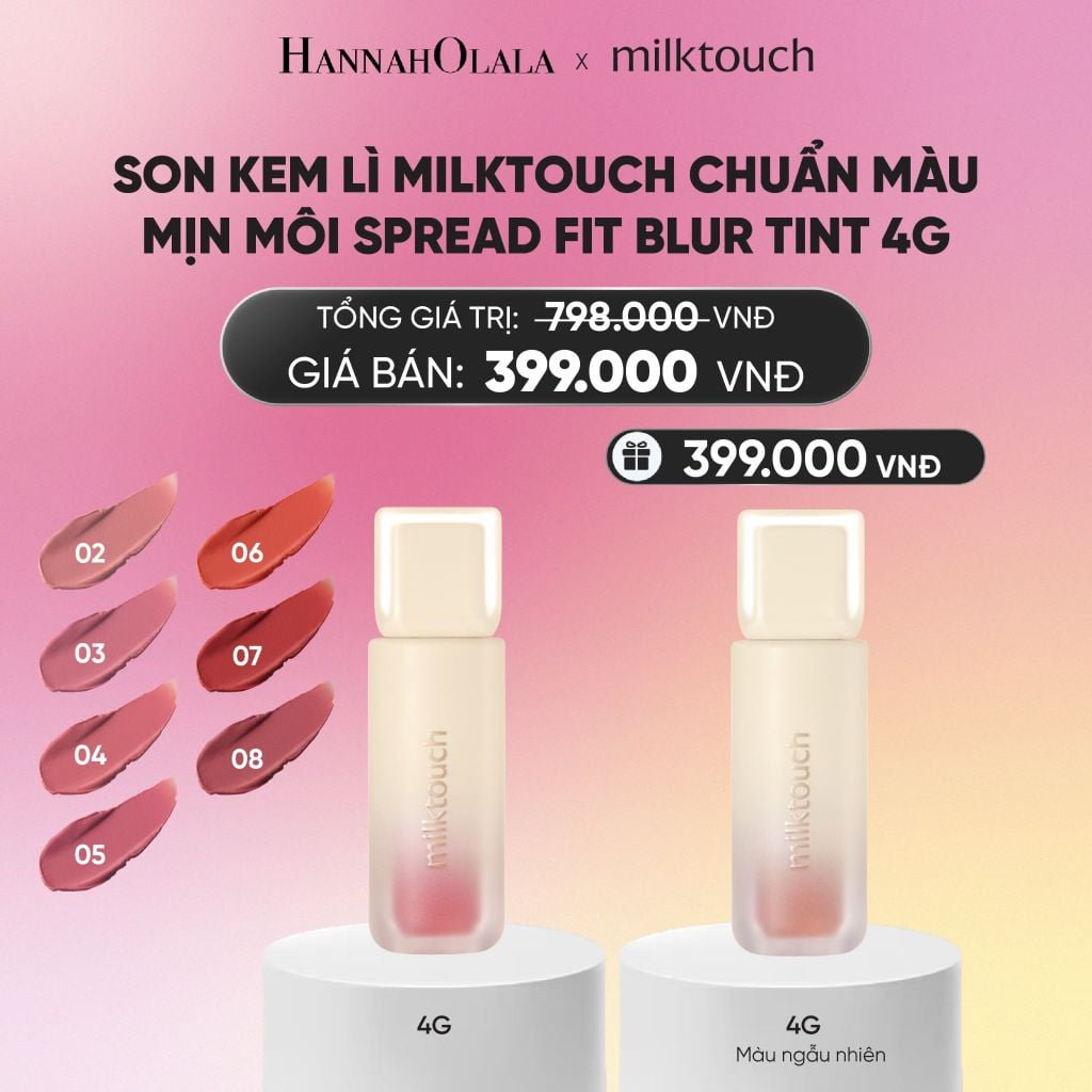  SON KEM LÌ MILKTOUCH MỊN MÔI SPREAD FIT BLUR TINT 4G (TẶNG 1 SON KEM LÌ MÀU NGẪU NHIÊN)_A1016 