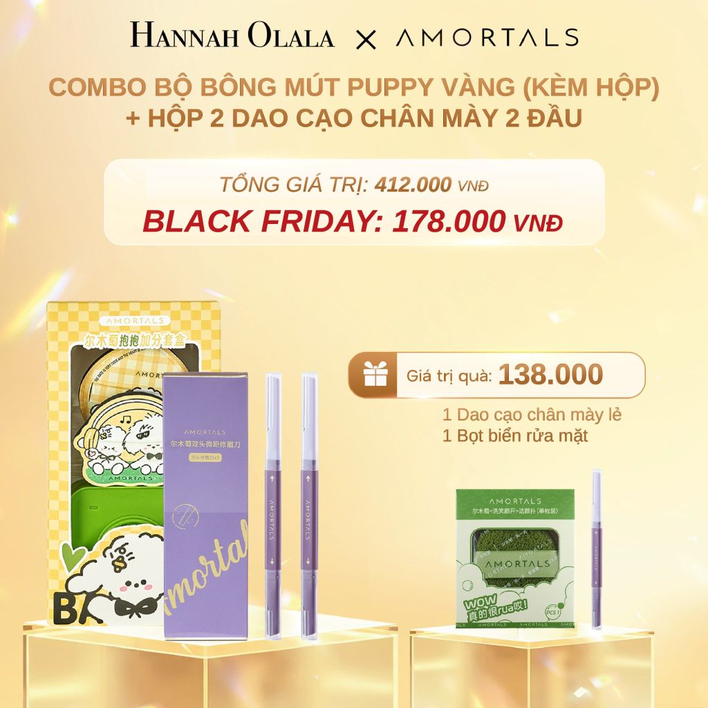  DEAL 8: BỘ BÔNG MÚT PUPPY VÀNG (KÈM HỘP) VÀ HỘP 2 DAO CẠO CHÂN MÀY 2 ĐẦU 