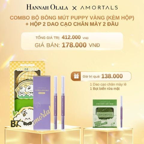 DEAL 8: BỘ BÔNG MÚT PUPPY VÀNG (KÈM HỘP) VÀ HỘP 2 DAO CẠO CHÂN MÀY 2 ĐẦU 