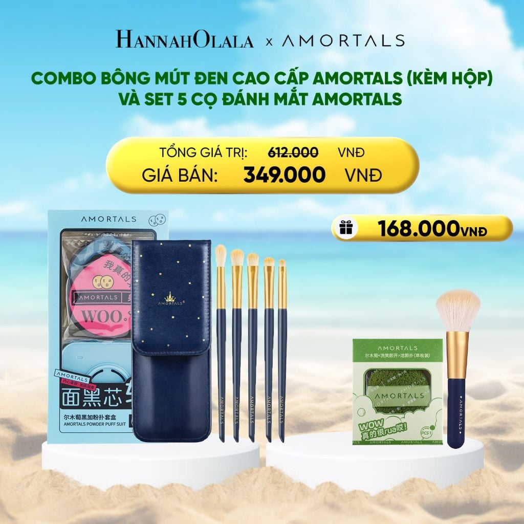  [FLASH SALE] COMBO BÔNG MÚT ĐEN CAO CẤP AMORTALS (KÈM HỘP) AMORTALS VÀ SET 5 CỌ ĐÁNH MẮT AMORTALS 