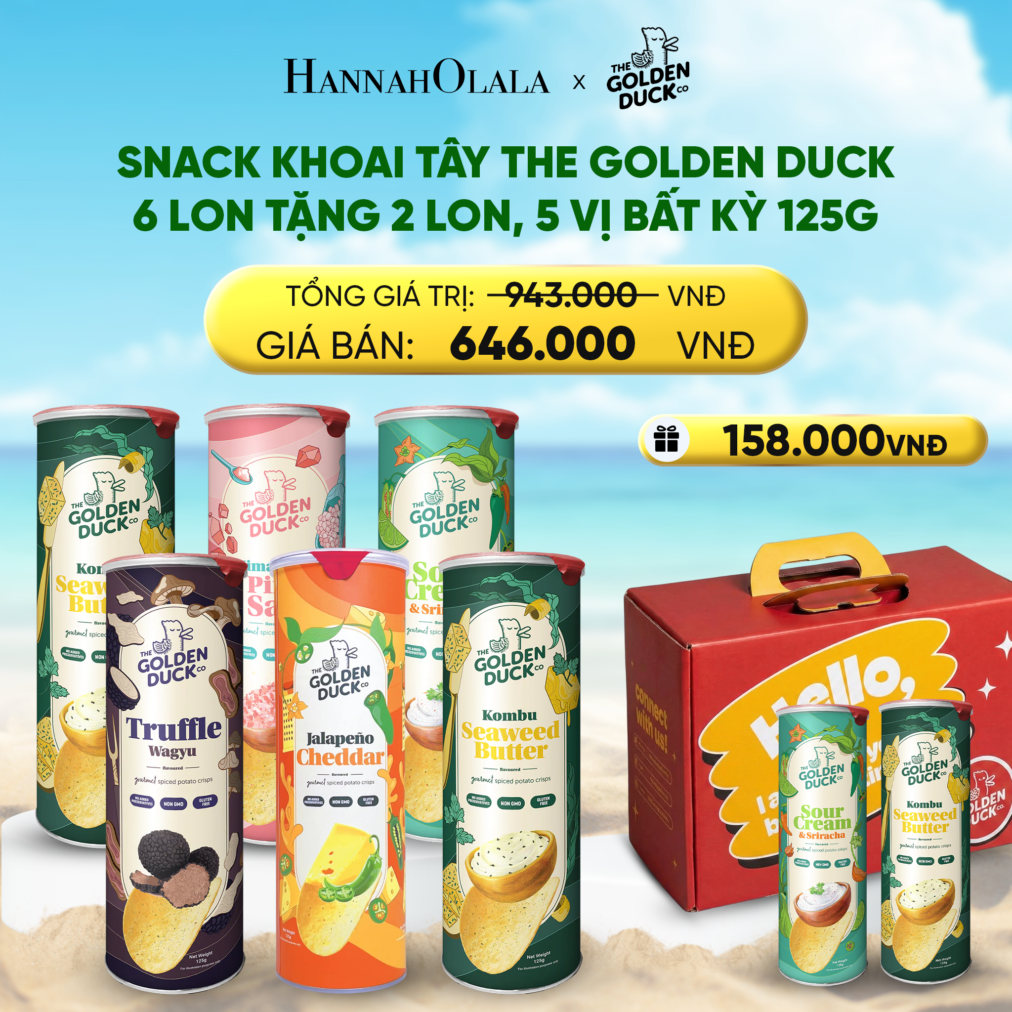 A1152_deal 2: snack khoai tây golden duck singapore 6 lon tặng 2 lon, 5 vị