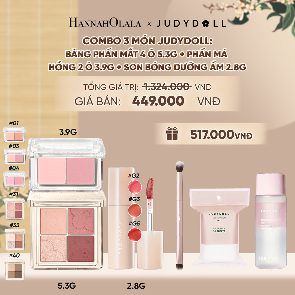  COMBO 3: BẢNG MẮT 4 Ô + MÁ HỒNG 2 MÀU + SON BÓNG DƯỠNG ẨM - A1433 
