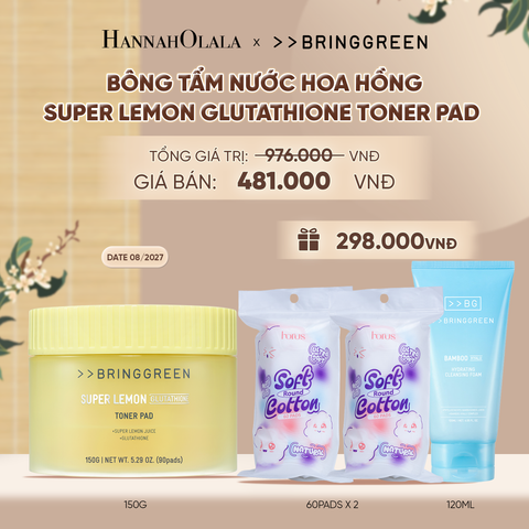  BÔNG TẨM NƯỚC HOA HỒNG HỖ TRỢ DƯỠNG SÁNG BRING GREEN SUPER LEMON GLUTATHIONE TONER PAD 150G (90 MIẾNG) - A1646 