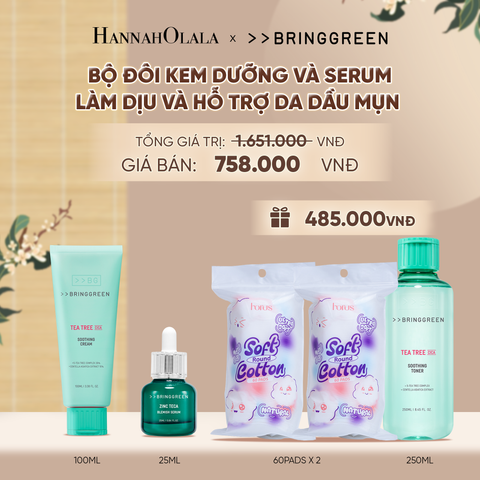  COMBO KEM DƯỠNG ẨM HỖ TRỢ LÀM DỊU DA TRÀM TRÀ BRING GREEN TEA TREE CICA SOOTHING CREAM 100ML + TINH CHẤT TRÀM TRÀ BRING GREEN ZINC TECA BLEMISH SERUM DÀNH CHO DA DẦU MỤN 25ML - A1648 