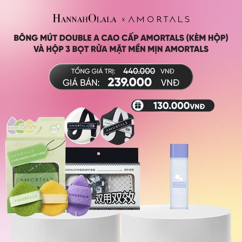  BÔNG MÚT DOUBLE A CAO CẤP AMORTALS (KÈM HỘP) VÀ HỘP 3 BỌT RỬA MẶT MỀN MỊN AMORTALS_A2379 