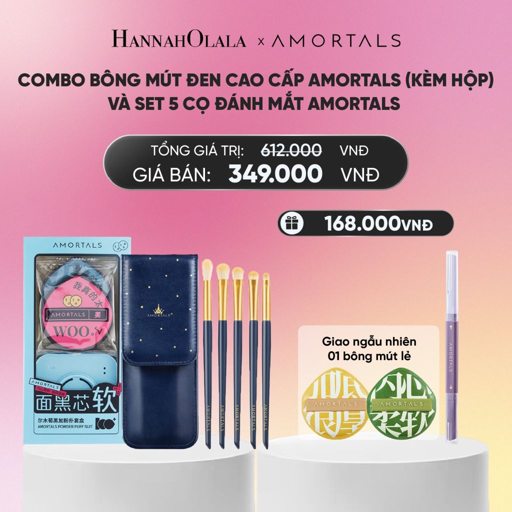  COMBO BÔNG MÚT ĐEN CAO CẤP AMORTALS (KÈM HỘP) AMORTALS VÀ SET 5 CỌ ĐÁNH MẮT AMORTALS_A2369 