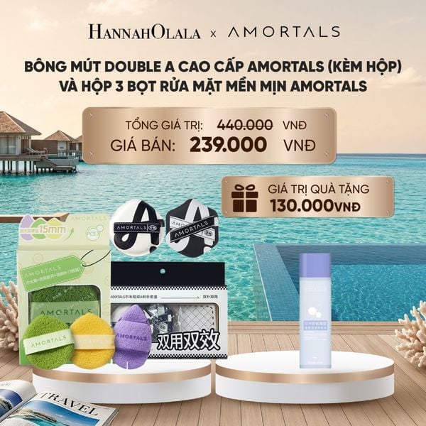  BÔNG MÚT DOUBLE A CAO CẤP AMORTALS (KÈM HỘP) VÀ HỘP 3 BỌT RỬA MẶT MỀN MỊN AMORTALS_ D947 
