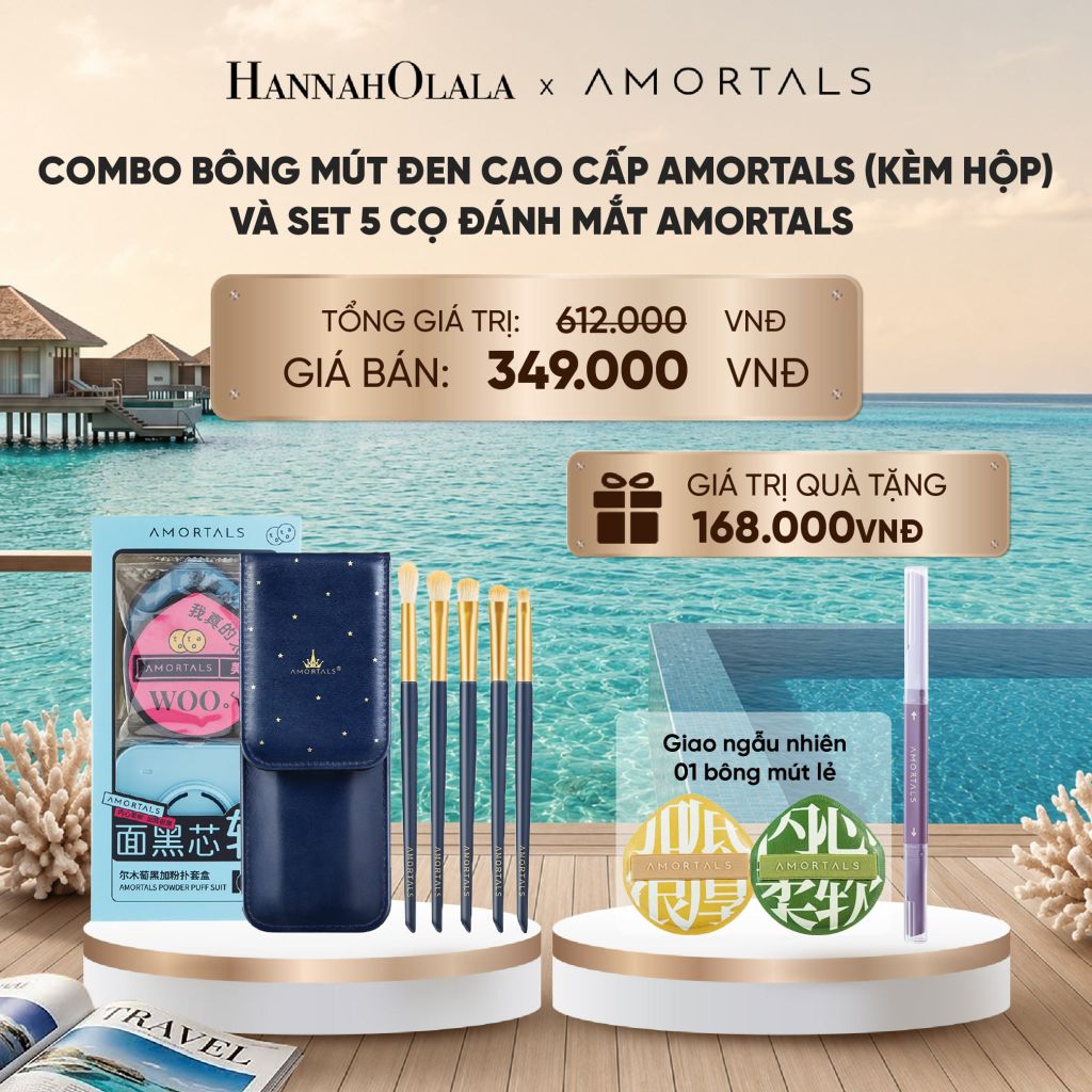  COMBO BÔNG MÚT ĐEN CAO CẤP AMORTALS (KÈM HỘP) AMORTALS VÀ SET 5 CỌ ĐÁNH MẮT AMORTALS_ D256 