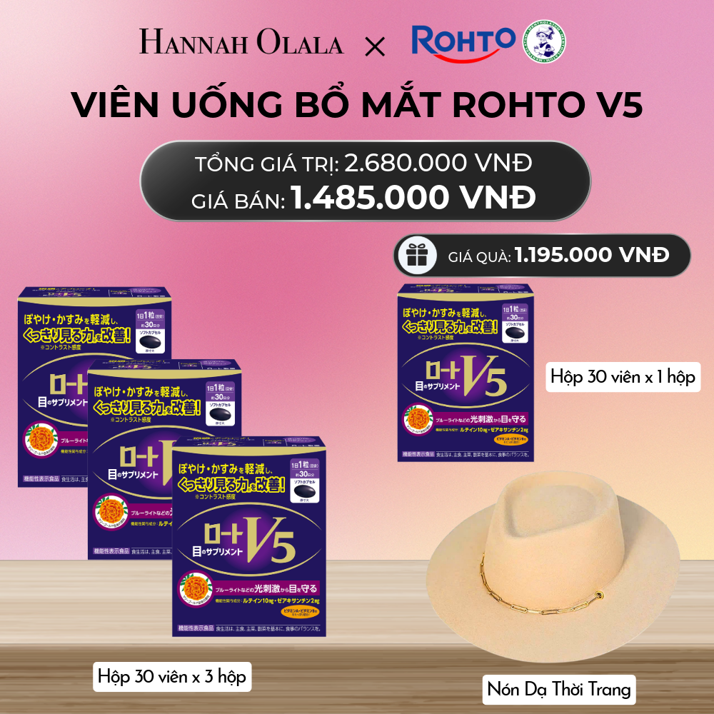  MUA COMBO 3 HỘP THỰC PHẨM BẢO VỆ SỨC KHỎE ROHTO V5 (VIÊN UỐNG HỖ TRỢ CẢI THIỆN THỊ LỰC ROHTO V5) - TẶNG 1 HỘP HỘP THỰC PHẨM BẢO VỆ SỨC KHỎE ROHTO V5 VÀ 1 NÓN DẠ THỜI TRANG_A659 