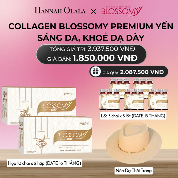  MUA 2 HỘP 10 TẶNG 5 LỐC 3 THỰC PHẨM BẢO VỆ SỨC KHỎE BLOSSOMY PREMIUM TỔ YẾN (MÀU VÀNG) (HỘP 10 DATE 16 THÁNG, LỐC 3 DATE 13 THÁNG) VÀ NÓN DẠ THỜI TRANG (HỘP 10 CHAI X 2 HỘP & LỐC 3 CHAI X 5 LỐC)_ A2067 