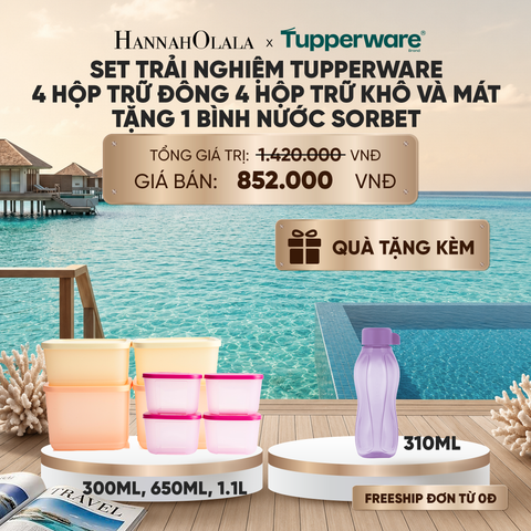  SET TRẢI NGHIỆM TUPPERWARE : 4 HỘP ĐÔNG, 4 HỘP TRỮ KHÔ TẶNG 1 BÌNH NƯỚC SORBET_ D1614 