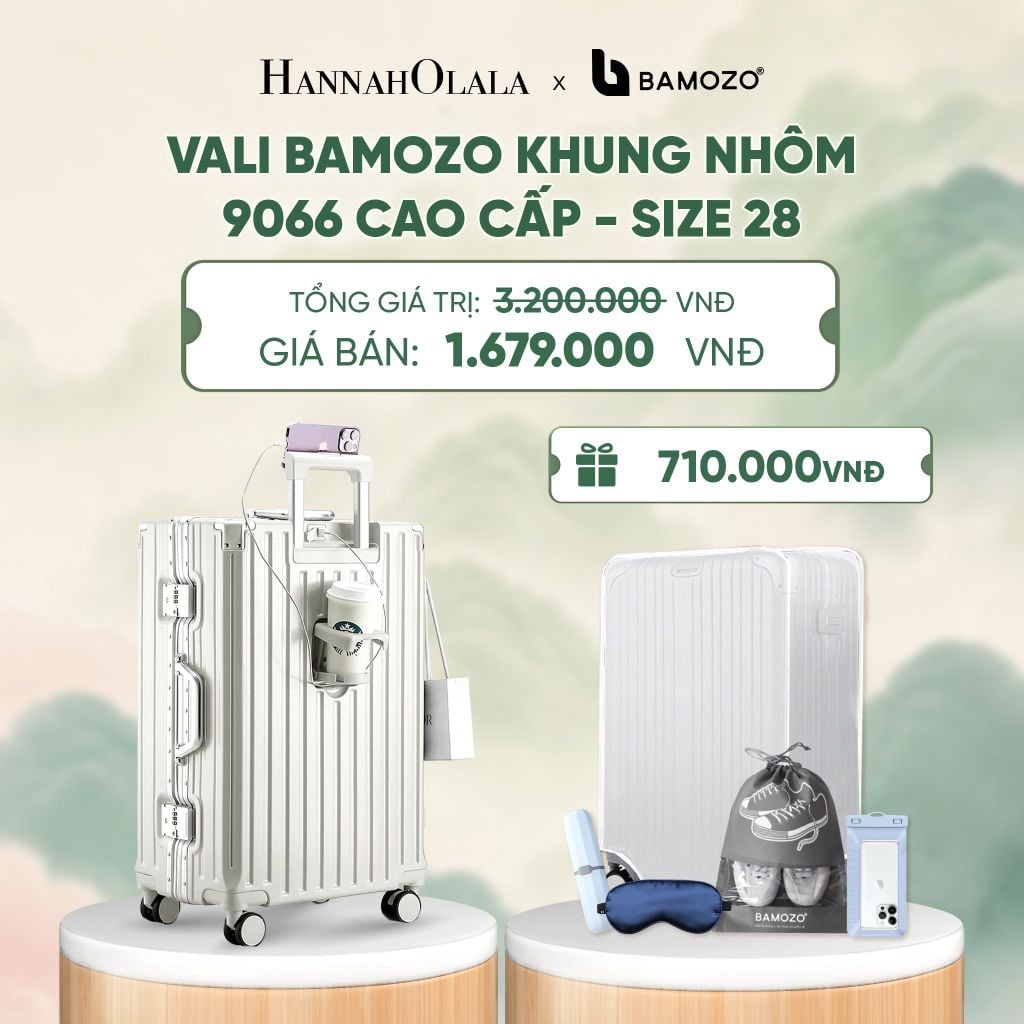  VALI BAMOZO KHUNG NHÔM 9066 BẢN CAO CẤP (TẶNG BỌC VALI CC TRONG SUỐT + HỘP ĐỰNG BÀN CHẢI + TÚI ĐỰNG GIÀY XÁM + TÚI ĐỰNG ĐT CHỐNG NƯỚC + BỊT MẮT) - DEAL 2 - A746 