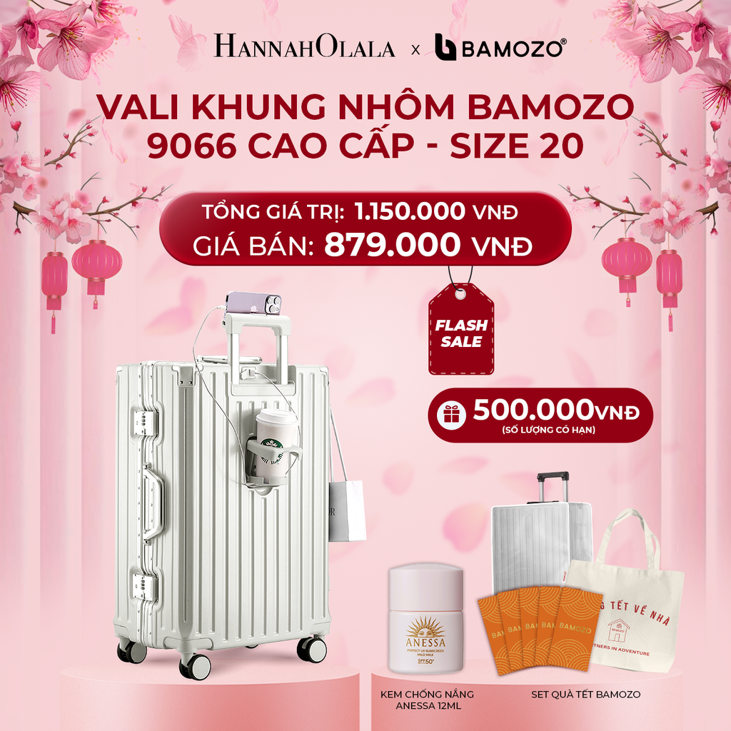  A1716_ FLASH DEAL: VALI BAMOZO KHUNG NHÔM 9066 BẢN CAO CẤP (TẶNG BỌC VALI CC TRONG SUỐT + TỆP LÌ XÌ TẾT + TÚI TOTE + KCN dưỡng da dịu nhẹ ANESSA Perfect UV Sunscreen Mild Milk SPF 50+ PA++++ 12ml) 