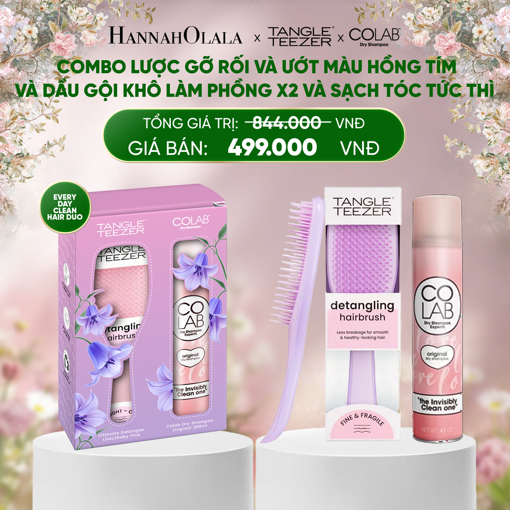  DEAL 10: EVERYDAY CLEAN HAIR DUO - MUA 1 LƯỢC GỠ RỐI  TÓC KHÔ VÀ ƯỚT TANGLE TEEZER MÀU HỒNG TÍM TẶNG 1 DẦU GỘI KHÔ COLAB 200ML 