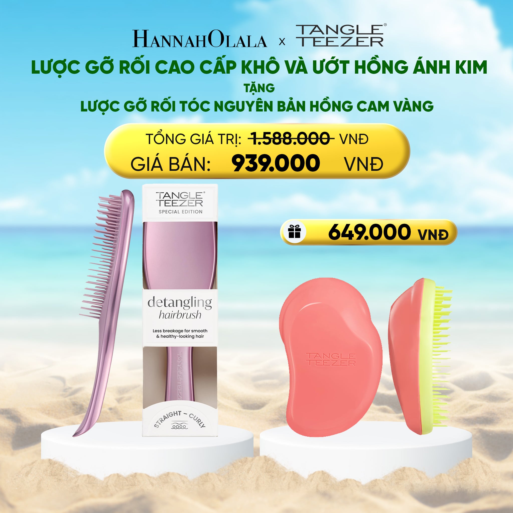 Lược Gỡ Rối Tóc Cao Cấp Màu Hồng Ánh Kim