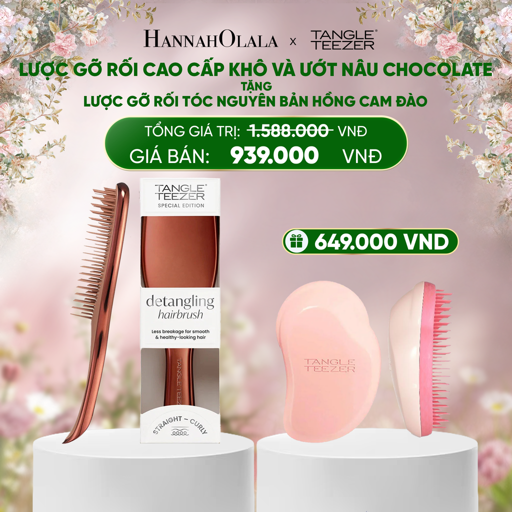  E315_DEAL 3: MUA 1 LƯỢC GỠ RỐI TÓC CAO CẤP KHÔ VÀ ƯỚT MÀU NÂU CHOCOLATE TẶNG 1 LƯỢC GỠ RỐI TÓC ƯỚT NGUYÊN BẢN HỒNG CAM ĐAÒ 