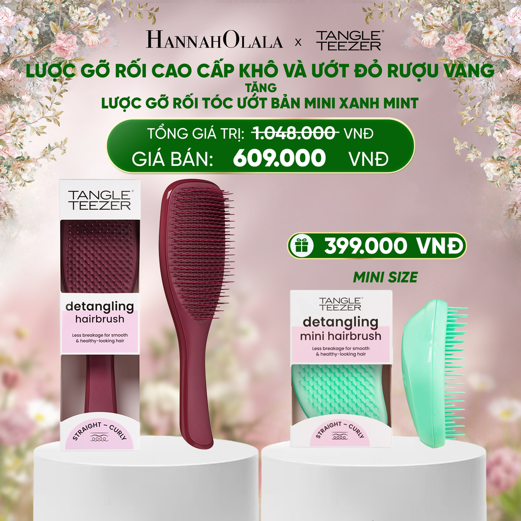  DEAL 4: MUA 1 LƯỢC GỠ RỐI TÓC KHÔ VÀ ƯỚT MÀU ĐỎ RƯỢU VANG TẶNG 1 LƯỢC GỠ RỐI TÓC ƯỚT NGUYÊN BẢN MINI MÀU XANH MINT 