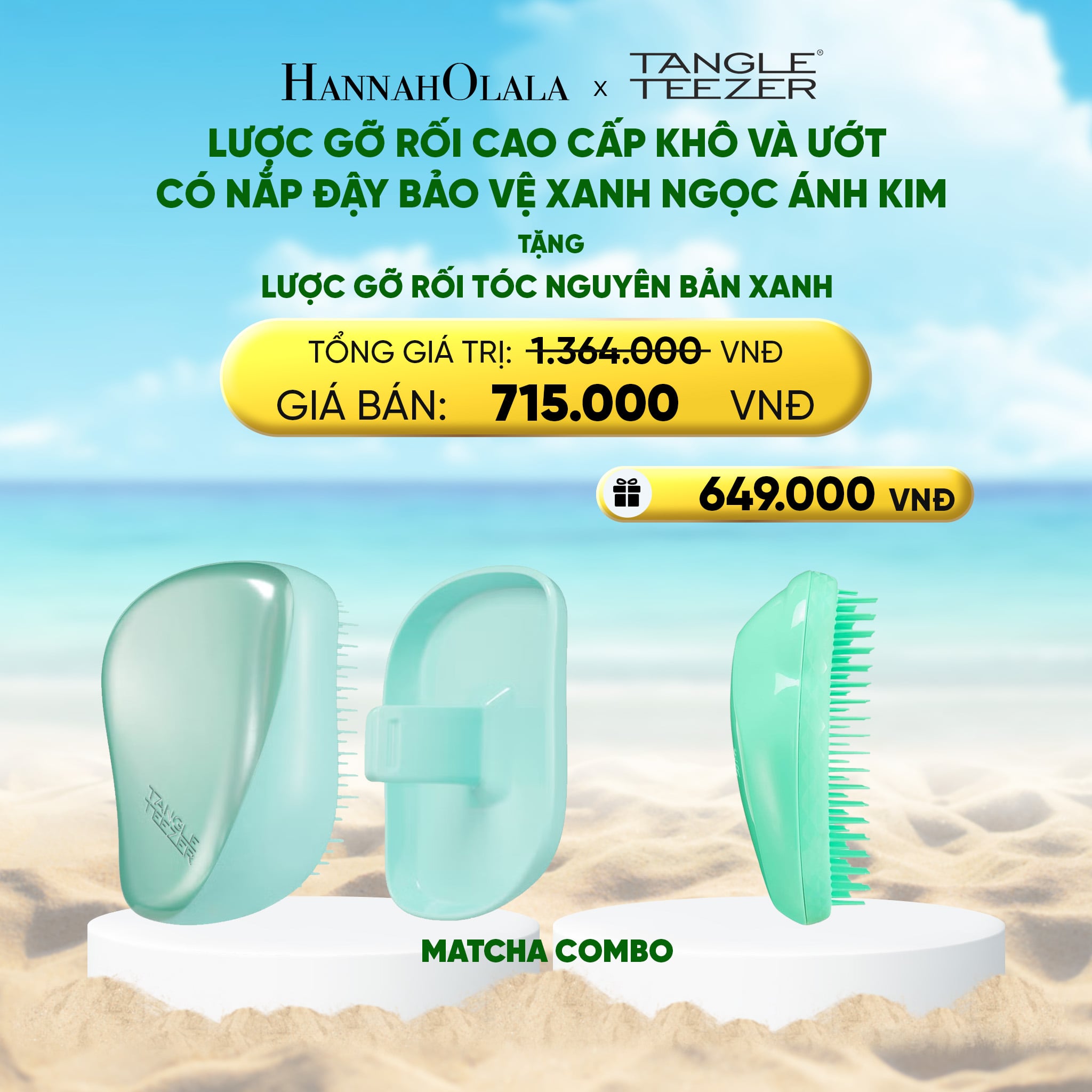 A344_deal 6: mua 1 lược gỡ rối tóc khô và ướt có nắp đậy bảo vệ màu xanh ngọc ánh kim - tặng 1 lược gỡ rối tóc ướt nguyên bản xanh (matcha combo)