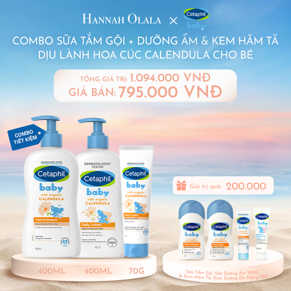  C1049_DEAL 10: BỘ SỮA TẮM GỘI 400ML + SỮA DƯỠNG ẨM 400ML + KEM CHỐNG HĂM TÃ 70G CETAPHIL BABY WITH ORGANIC CALENDULA 