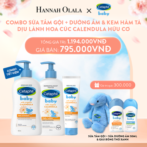  A168_DEAL 11: BỘ SỮA TẮM GỘI 400ML + SỮA DƯỠNG ẨM 400ML + KEM CHỐNG HĂM TÃ 70G CETAPHIL BABY WITH ORGANIC CALENDULA 