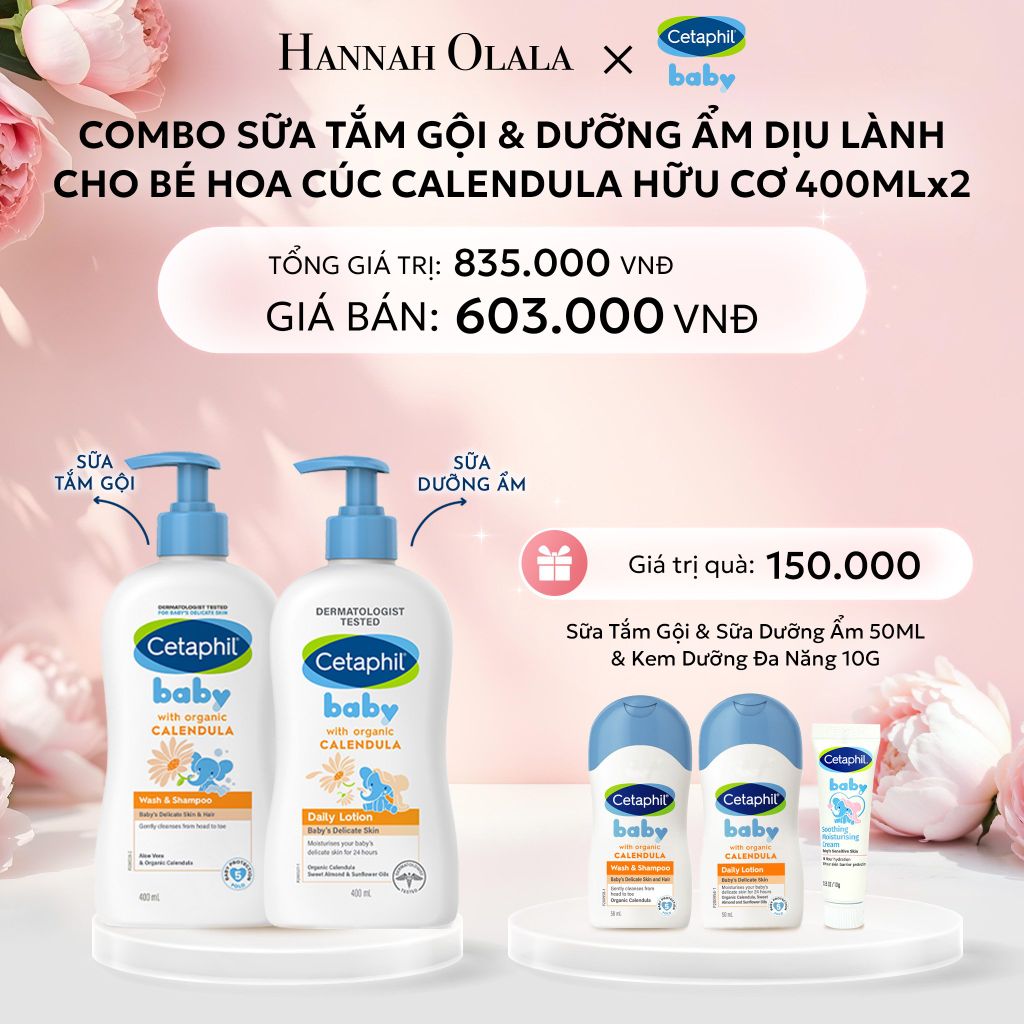  E423: DEAL 7: BỘ SỮA TẮM GỘI 400ML + SỮA DƯỠNG ẨM 400ML CETAPHIL BABY WITH ORGANIC CALENDULA 