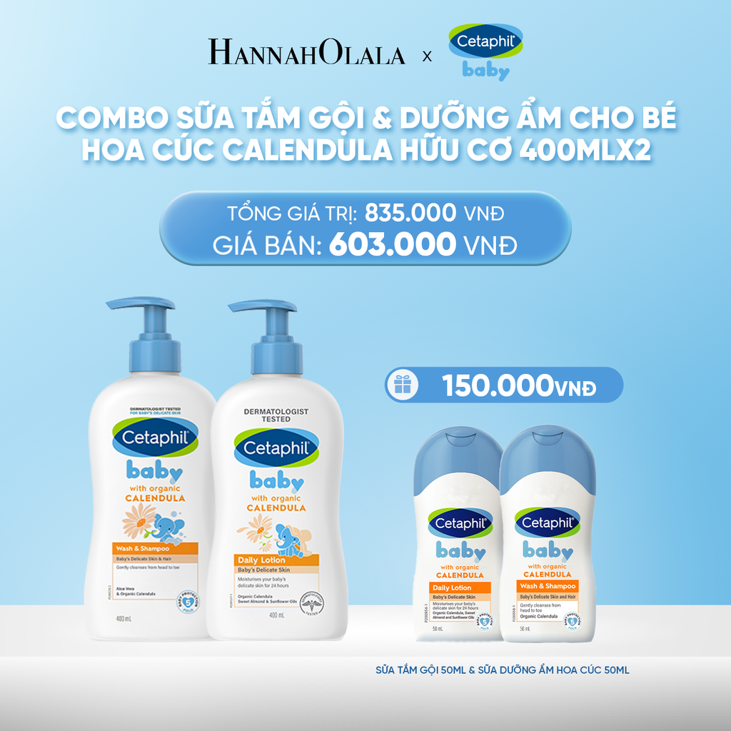  DEAL 7: BỘ SỮA TẮM GỘI 400ML + SỮA DƯỠNG ẨM 400ML CETAPHIL BABY WITH ORGANIC CALENDULA 