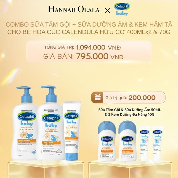  DEAL 10: BỘ SỮA TẮM GỘI 400ML + SỮA DƯỠNG ẨM 400ML + KEM CHỐNG HĂM TÃ 70G CETAPHIL BABY WITH ORGANIC CALENDULA 