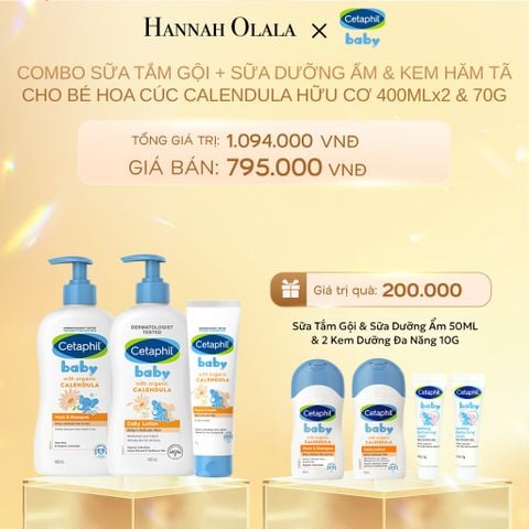  DEAL 10: BỘ SỮA TẮM GỘI 400ML + SỮA DƯỠNG ẨM 400ML + KEM CHỐNG HĂM TÃ 70G CETAPHIL BABY WITH ORGANIC CALENDULA 