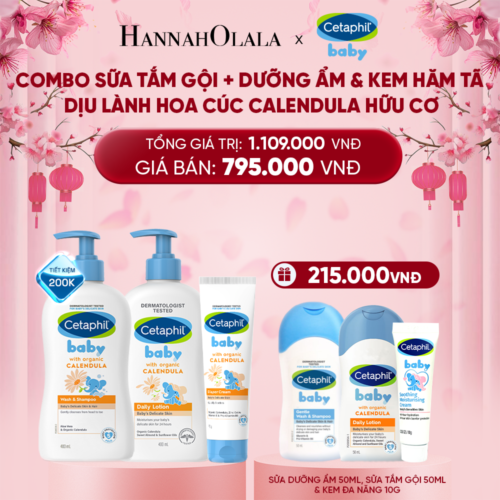  DEAL 10: BỘ SỮA TẮM GỘI 400ML + SỮA DƯỠNG ẨM 400ML + KEM CHỐNG HĂM TÃ 70G CETAPHIL BABY WITH ORGANIC CALENDULA 