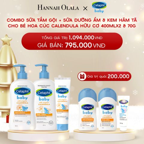  DEAL 10: BỘ SỮA TẮM GỘI 400ML + SỮA DƯỠNG ẨM 400ML + KEM CHỐNG HĂM TÃ 70G CETAPHIL BABY WITH ORGANIC CALENDULA 
