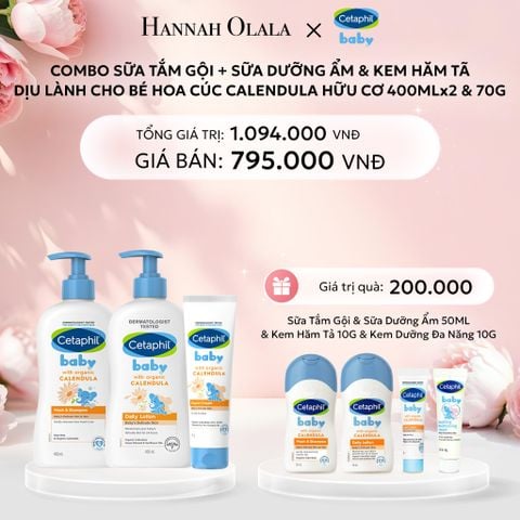  E409: DEAL 10: BỘ SỮA TẮM GỘI 400ML + SỮA DƯỠNG ẨM 400ML + KEM CHỐNG HĂM TÃ 70G CETAPHIL BABY WITH ORGANIC CALENDULA 