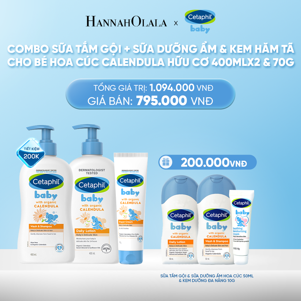  DEAL 10: BỘ SỮA TẮM GỘI 400ML + SỮA DƯỠNG ẨM 400ML + KEM CHỐNG HĂM TÃ 70G CETAPHIL BABY WITH ORGANIC CALENDULA 