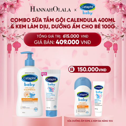  DEAL 11: COMBO SỮA TẮM GỘI DỊU LÀNH CHO BÉ CETAPHIL BABY WASH & SHAMPOO VỚI HOA CÚC HỮU CƠ 400ML & KEM LÀM DỊU VÀ DƯỠNG ẨM CHO BÉ CETAPHIL BABY SOOTHING & MOISTURISING CREAM 100G 